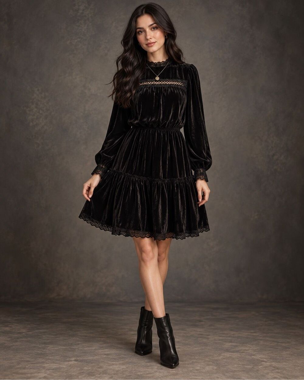 Shoshanna Black Velvet Lace Trim Long Sleeve Cocktail Dress Size 12